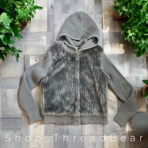 EUC [Michael Kors] Gray Faux Fur Sweater Jacket | Furry Grey + Hood | Medium